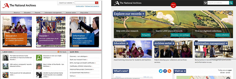 The National Archives' homepage in 2013 (left image) and in 2016 (right image)