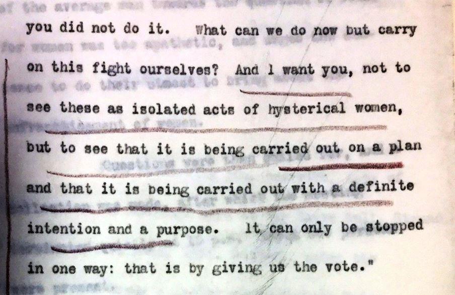 Typed excerpt of Emmeline Pankhurst speech from 1913 at Hampstead branch of the Women’s Social and Political Union found in a file on Suffragettes' activities and meetings 