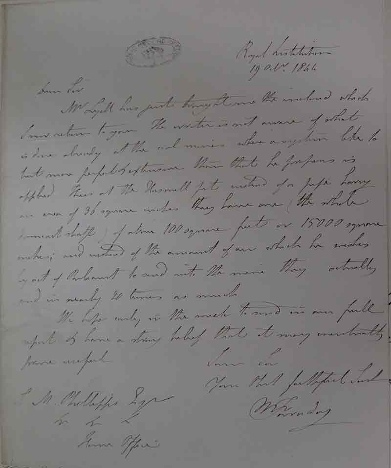Letter from Michael Faraday regarding the Haswell explosion (catalogue reference: HO 45/631)