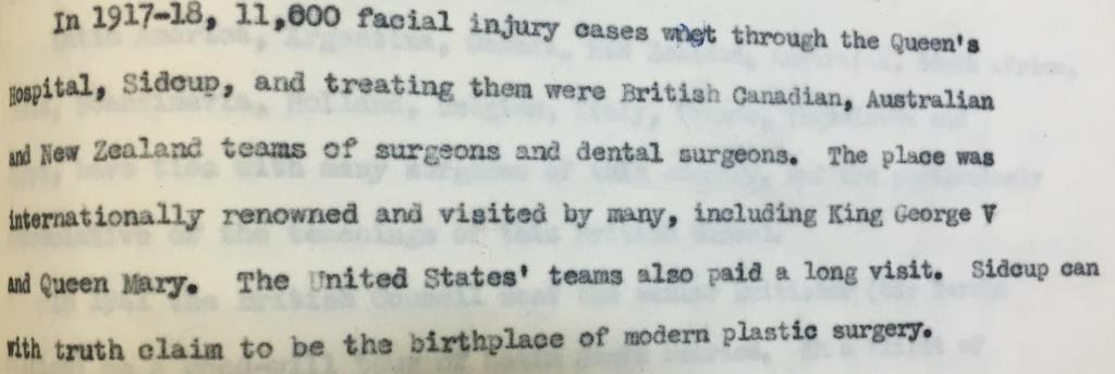 Depicts a section of a speech given by Harold Gillies at the Festival of Britain, stating that in 1917-18 11,600 facial cases were admitted to Sidcu. 