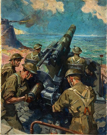 Painting of soldiers on a clifftop, operating a canon