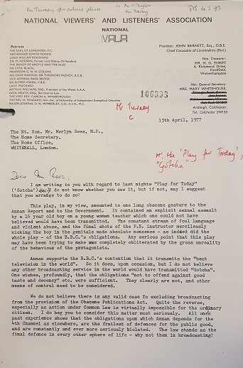 Letter of complaint sent by Mary Whitehouse to the Home Secretary regarding the BBC's transmission of 'Gotcha'.