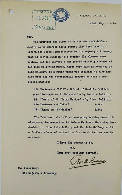 Typewritten letter describing the damage done to the Rokeby Venus