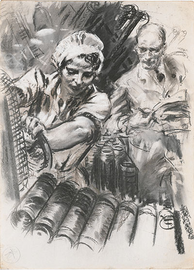 Black and white drawing of a woman working in a munitions factory, observed by a man