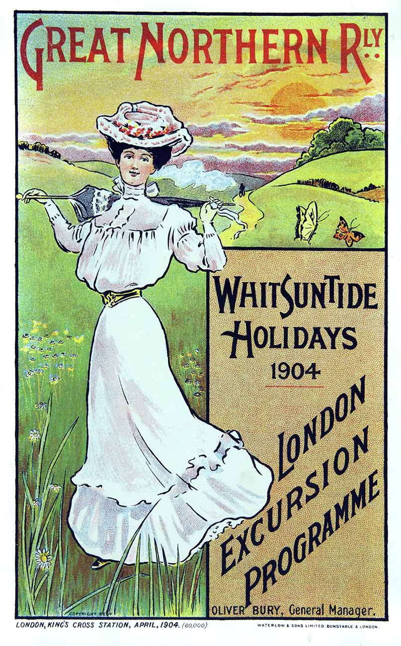 Illustrated poster for Great Northern Railway Whitsuntide Excursions, showing a woman dressed in Edwardian fashion in a field 