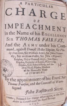 The charge of impeachment against Denzil Holles (and other leading Parliamentarians), signed by John Rushworth, Secretary to Sir Thomas Fairfax (catalogue reference SP 16/530/14)