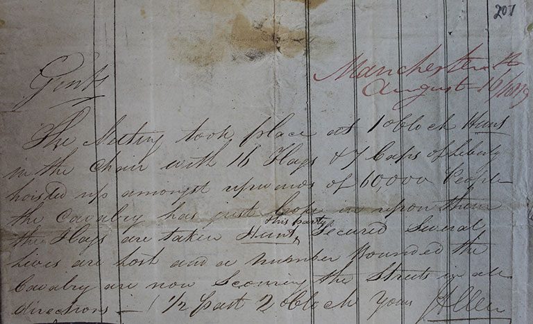 Eye-witness account of events at Peterloo (catalogue reference HO 42/192 f207)