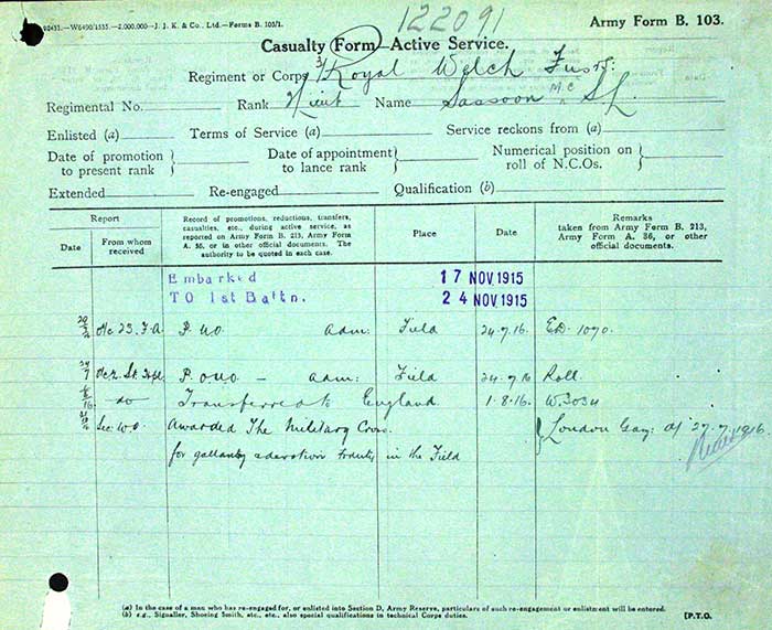 Casualty form recording Sassoon’s embarkation for France and posting to 1st Battalion of the Royal Welsh Fusiliers