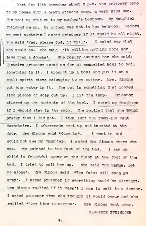 Image of an extract of statement by Florence Zweiniger recounting her daughters experience of a backstreet abortion. Catalogue reference: CRIM 1/113/2