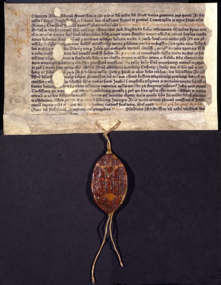 An indulgence, the earliest document printed by William Caxton, by John, abbot of Abingdon, to Henry Lanley, and Katherine his wife, 1476