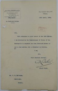 Letter explaining that Sherlock Holmes is a fictional character and not a working detective