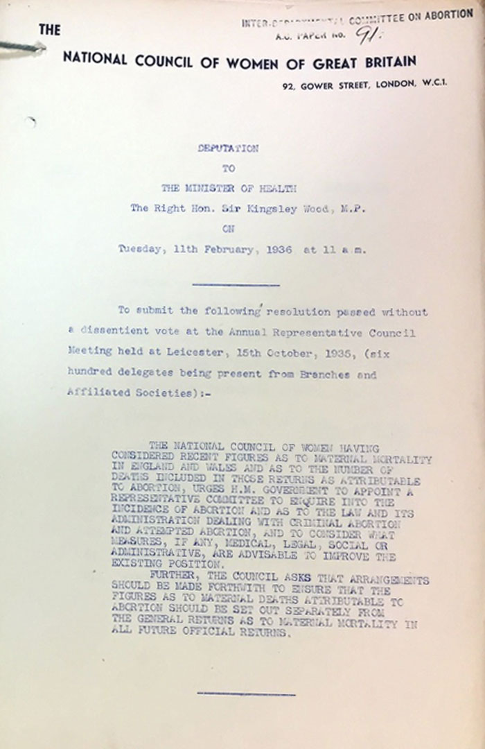 Deputation from The National Council of Women of Great Britain, Tuesday 11th February, 1936 at 11am. Reference: MH 71/18