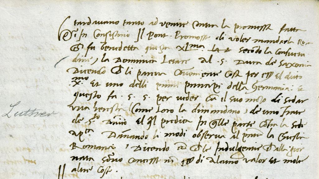 PRO 30/25/70: Entry in Marco Minio’s letter book referring to Luther with a 19th-century annotation in the margin (Italian)