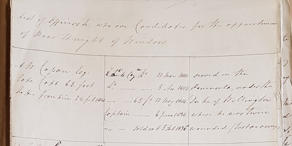 Later appointments of Poor Knights continued to record military service and occasionally injuries, as shown in this nineteenth-century recommendation [catalogue reference: WO 30/113]