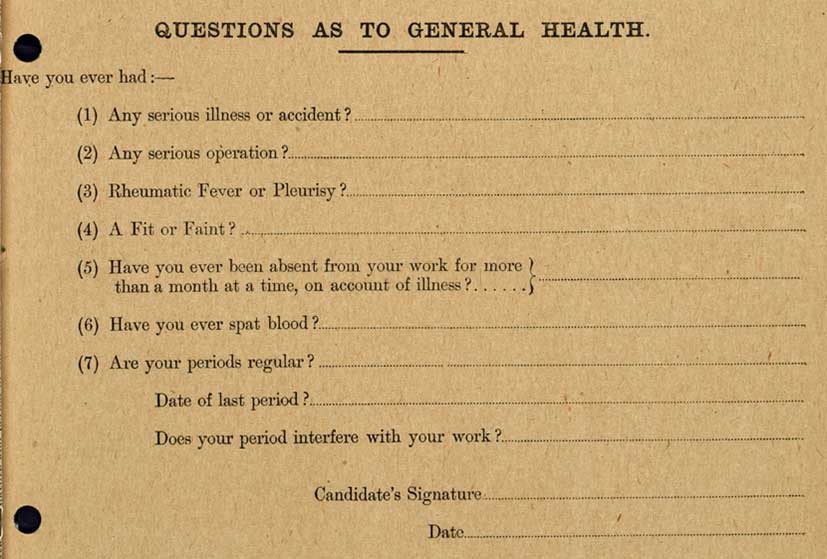 Questions as to general health section of the WRNS application (catalogue reference: ADM 116/3739)