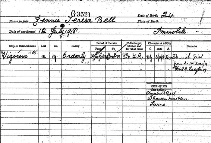 Service record for Jennie Teresa Bell (catalogue reference: ADM 336/26/520)