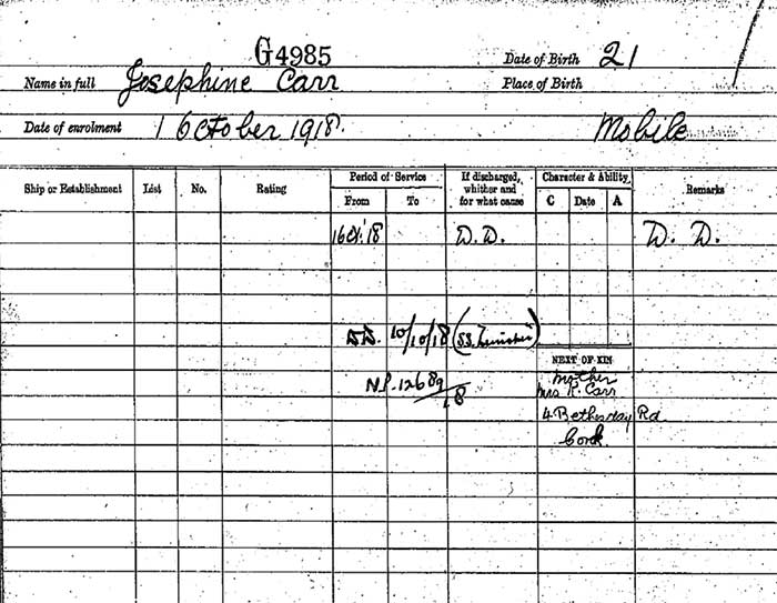 Service record for Josephine Carr (catalogue reference: ADM 336/27/980)