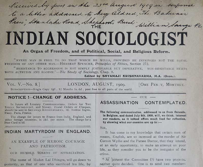 The August 1909 edition of The Indian Sociologist, for which Aldred was prosecuted (CRIM 1/144/4).