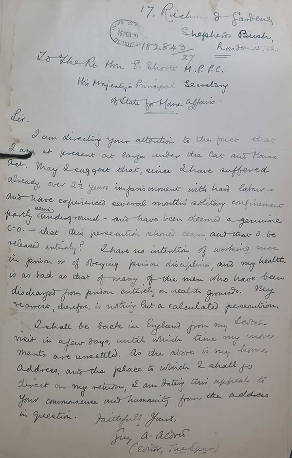 Aldred's letter to the Home Office of February 1919 requesting discharge from further imprisonment (HO 114/22508).
