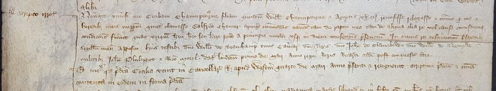 Close Roll enrolment releasing Chaucer from all actions concerning the 'raptus' of Cecily Chaumpaigne on 1 May 1380 [catalogue reference: C 54/219 m. 9d]