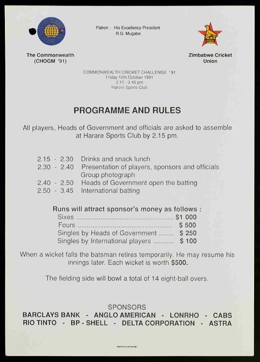Programme and rules for the Commonwealth Cricket Challenge '91. Catalogue reference: PREM 19/3908