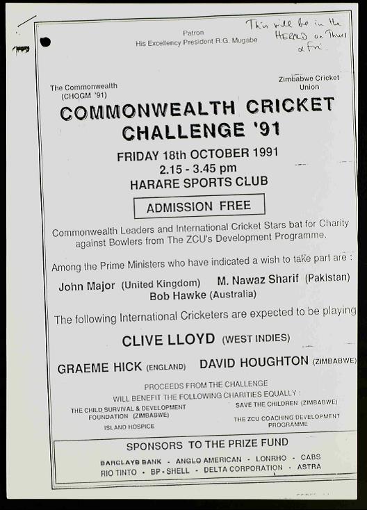 Poster advertising the Commonwealth Cricket Challenge '91. Catalogue reference: PREM 19/3908