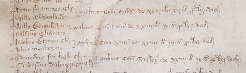 Alongside William Betenham, his fellow MP for Kent, Chaucer claimed £24 9s for his parliamentary expenses for 61 days during the 'Wonderful Parliament' of 1386 [catalogue reference: C 54/227 m. 16d]