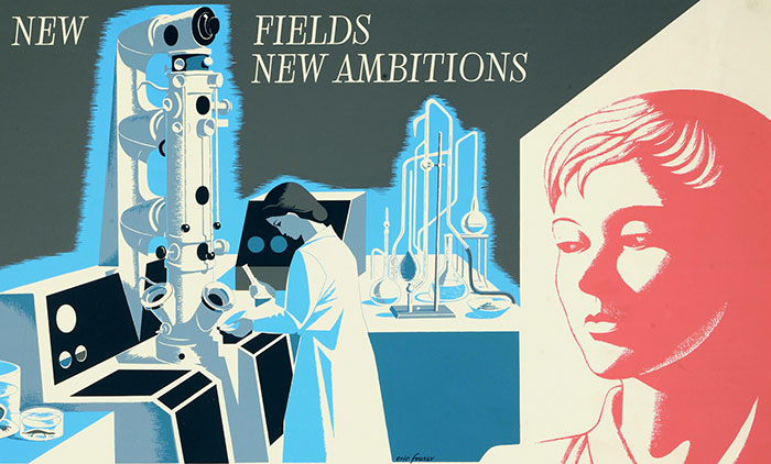 NSC 25/238 Artist: Eric Fraser.New fields, new ambitions: girl in laboratory.