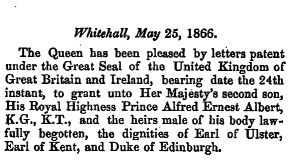 Queen Victoria granting the title Duke of Edinburgh to Prince Alfred, London Gazette, 1866