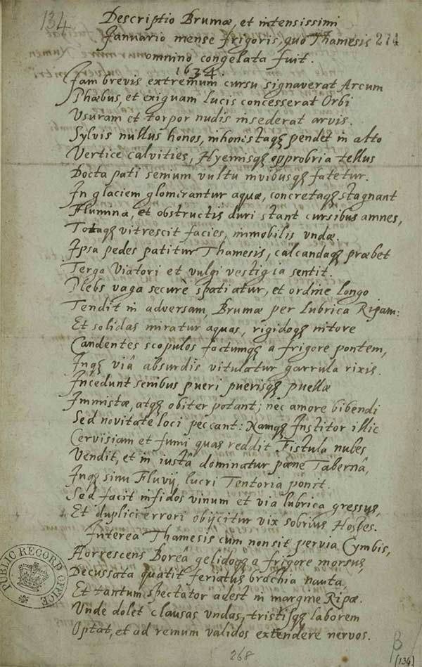 Excerpt of William Baker's poem, January 1635 (SP 16/282 f.274).