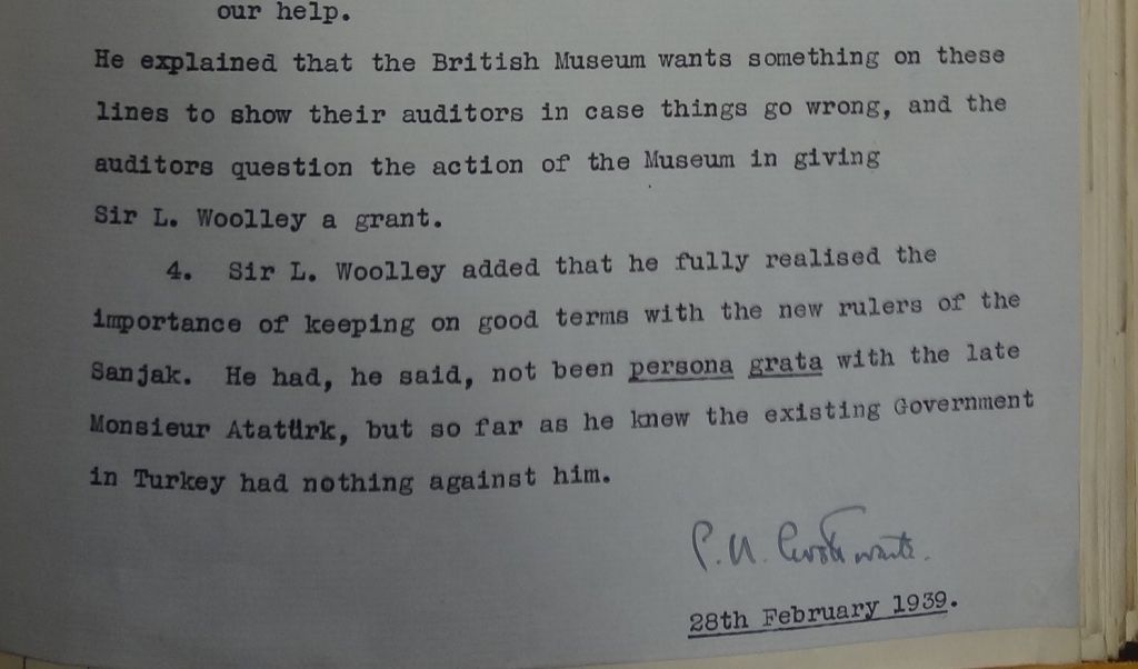 Crosthwaite’s report on a conversation with Woolley, 28 February 1939 (catalogue reference: FO 371/23280) 