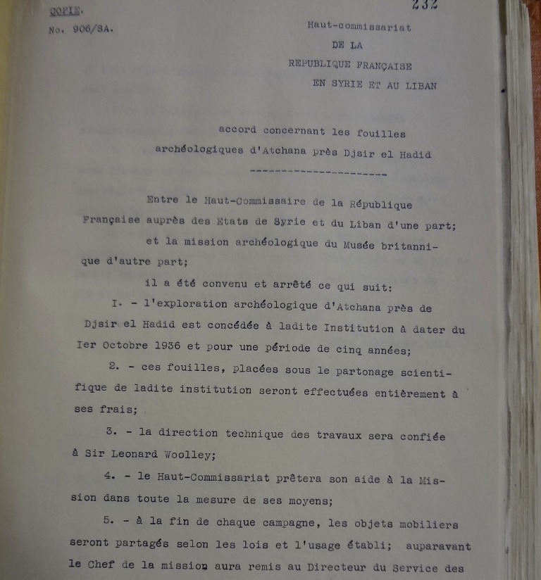 Tell el-Atchana excavation permit, 1936 (catalogue reference: FO 371/23299) 