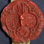 A photo showing the right hand seal on the treaty document of Milanese ambassador Peter de Mandelo authorised by the duke of Milan to negotiate a treaty of marriage with Edward II (catalogue reference: E 30/247).