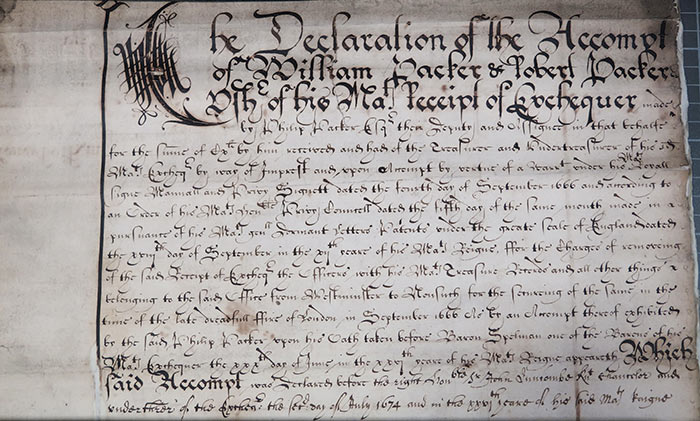 Accounts for the removal of documents to Nonsuch because of the Great Fire.
