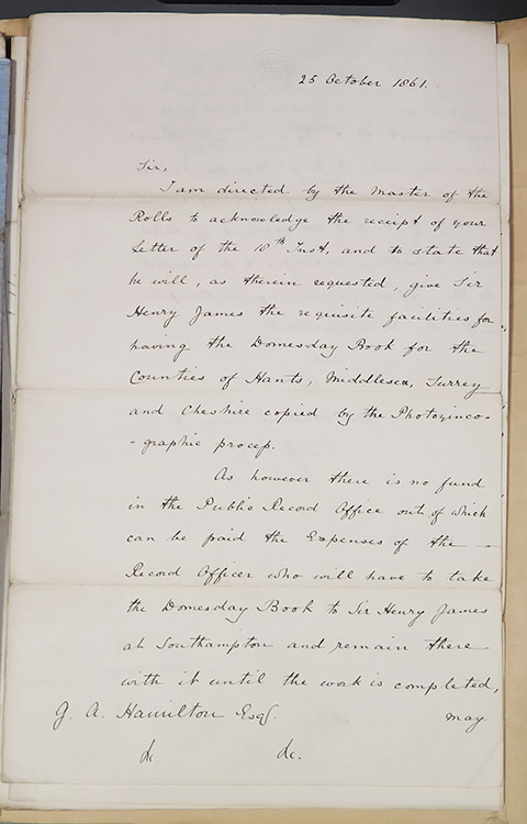 Part of a letter from Thomas Duffus Hardy about the photozincographing of Domesday, 1861 (T1/6332A/17908).