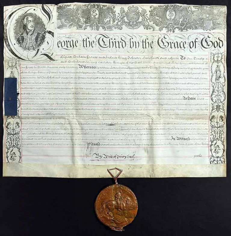 Feb 1782. Royal decree authorising the commissioning of Sir Guy Carleton at New York, as Commander-in-Chief of His Majesty’s forces in North America; complete with the first great seal of George III (catalogue reference PRO 30/55/101/1).