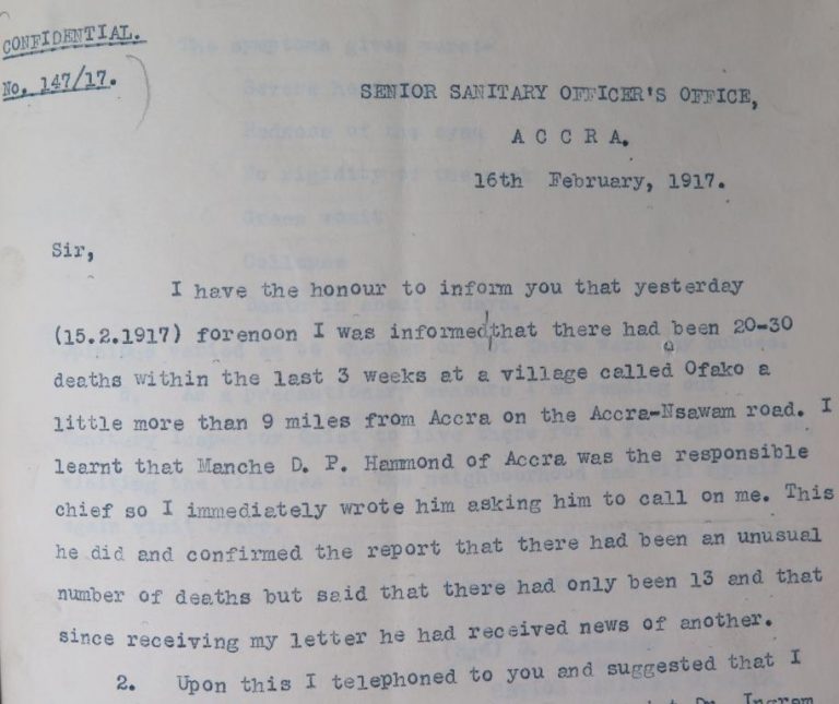 The Sanitary Officer’s report on the outbreak of plague in Ofako, February 1917: CO 96/578, Gold Coast despatches, February-March 1917.