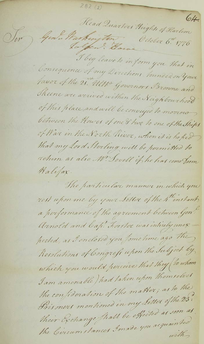 Oct 1776. Letter from Washington to General Howe, concerning prisoner exchanges after the Battle of Harlem Heights (catalogue reference PRO 30/55/3/64).