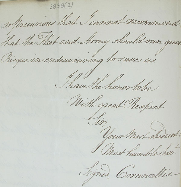 Copy (reverse of the dispatch) sent by Charles, Earl Cornwallis (catalogue reference PRO 30/55/33/32).