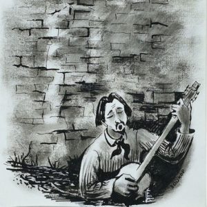 Illustration: man singing and playing guitar (catalogue reference; INF 3/1005)