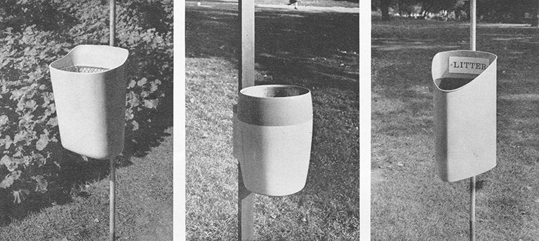 Winning bin designs from the 1960 'Litter Bin Exhibition' held in Embankment gardens.