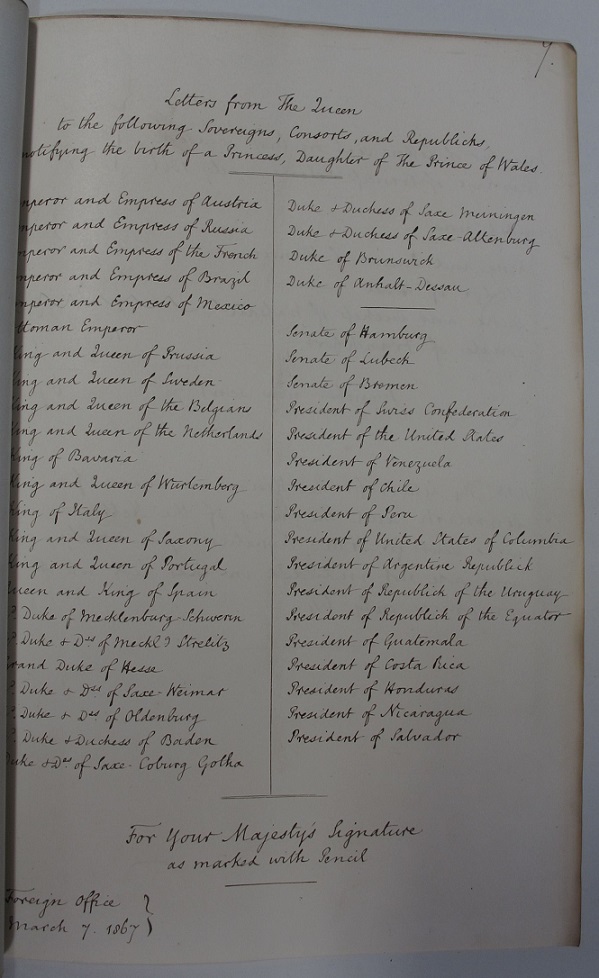 List of Sovereigns and Heads of State, 1867 (catalogue reference: FO 726