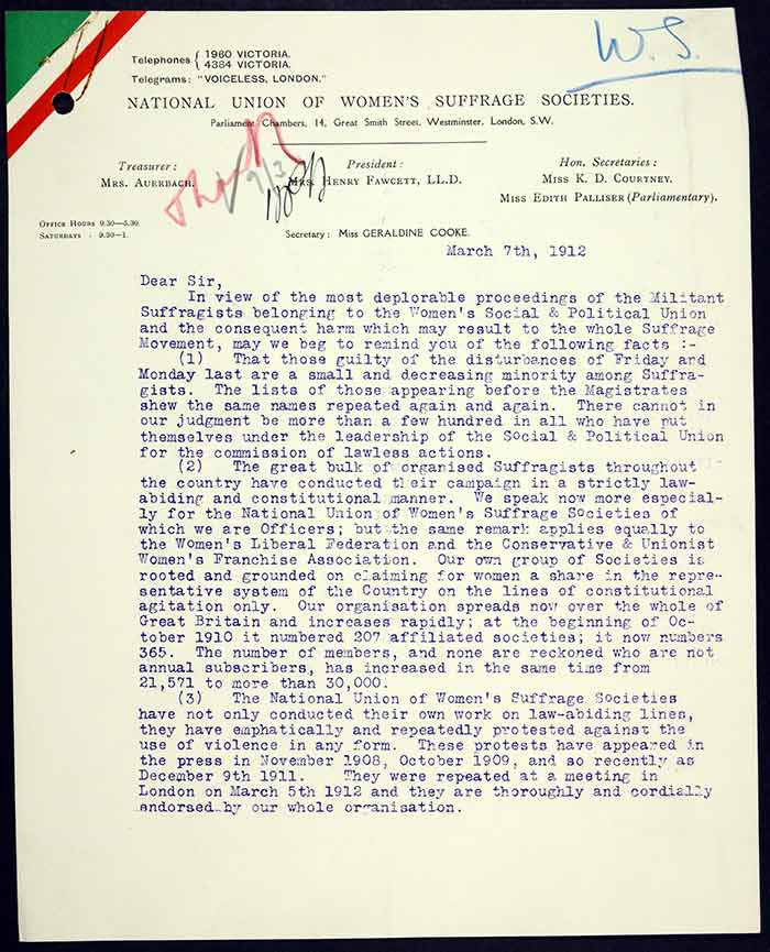 T 172/968B – Letter protesting about militant methods used by members of the WSPU in March 1912