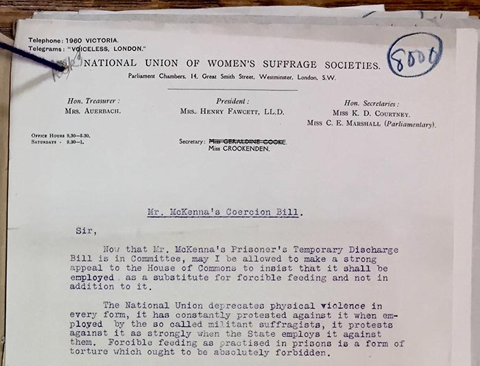 T 172/968B – Letter protesting about the violent force-feeding of suffragette prisoners, 1913
