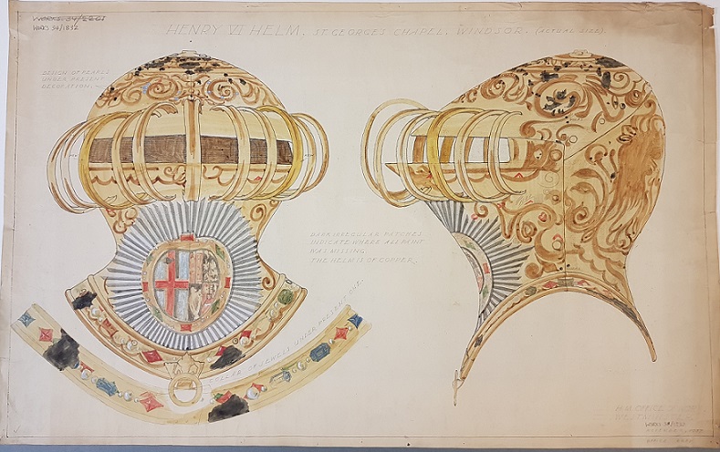 Colour sketch of 'Henry VI's helm' as drawn in 1937 [catalogue reference: WORK 34/1832]