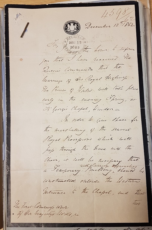 Letter announcing the wedding of HRH The Prince of Wales (the future Edward VII), and HRH Princess Alexandra of Denmark [catalogue reference: WORK 19/138]
