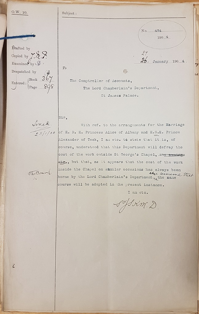 Letter regarding costs of the wedding of HRH Princess Alice of Albany and HRH Prince Alexander of Teck in 1904 [catalogue reference: WORK 19/138]