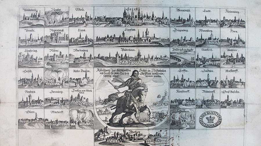 1622. Engraving showing the burning of the major German cities taken by Prince Christian, Duke of Brunswick (catalogue reference EXT 9/41 [extracted from SP 9/201]).