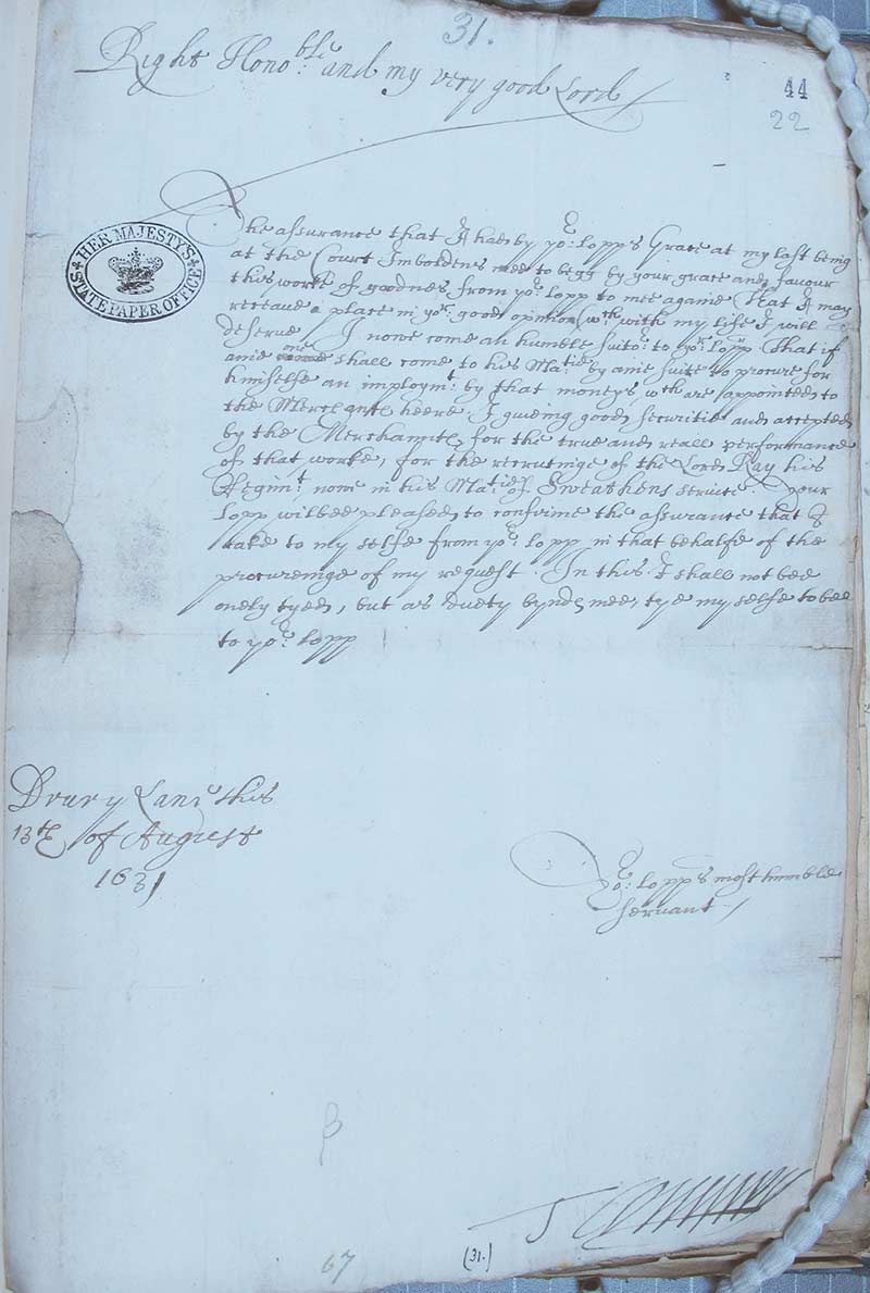 1631. Warrant from Charles I authorising the recruitment for Lord Reay [Donald Mackay's] Regiment in the service of the King of Sweden (catalogue reference SP 16/198, f.44.)