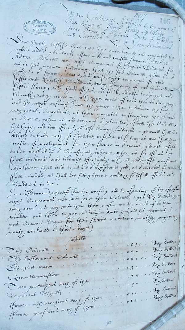 1631. Declaration by Gustavus Adolphus King of the Swedes, Goths, and Wends...' for a regiment of 3,000 men to be raised by Colonel Arthur Aston (catalogue reference SP 95/3, f.105).